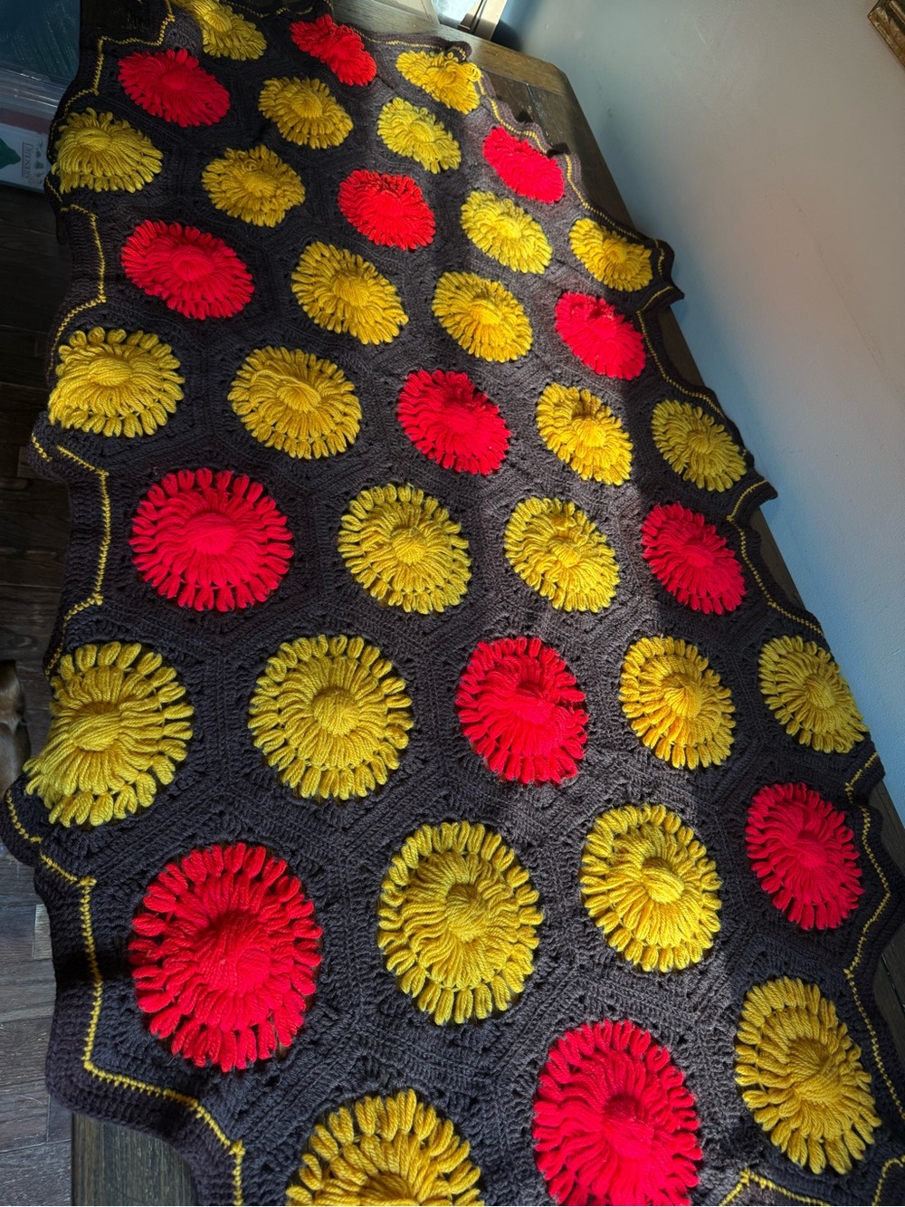 Vtg Granny 3D Flower Crochet Afghan Blanket Grannycore Handmade 43”x78"